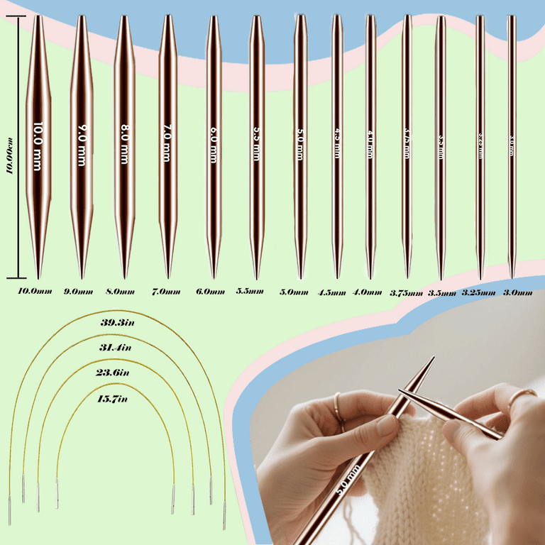 KoovDem Interchangeable Circular Knitting Needles Set - 13 Pairs | Premium Aluminum Needles & Accessories | Rose Gold