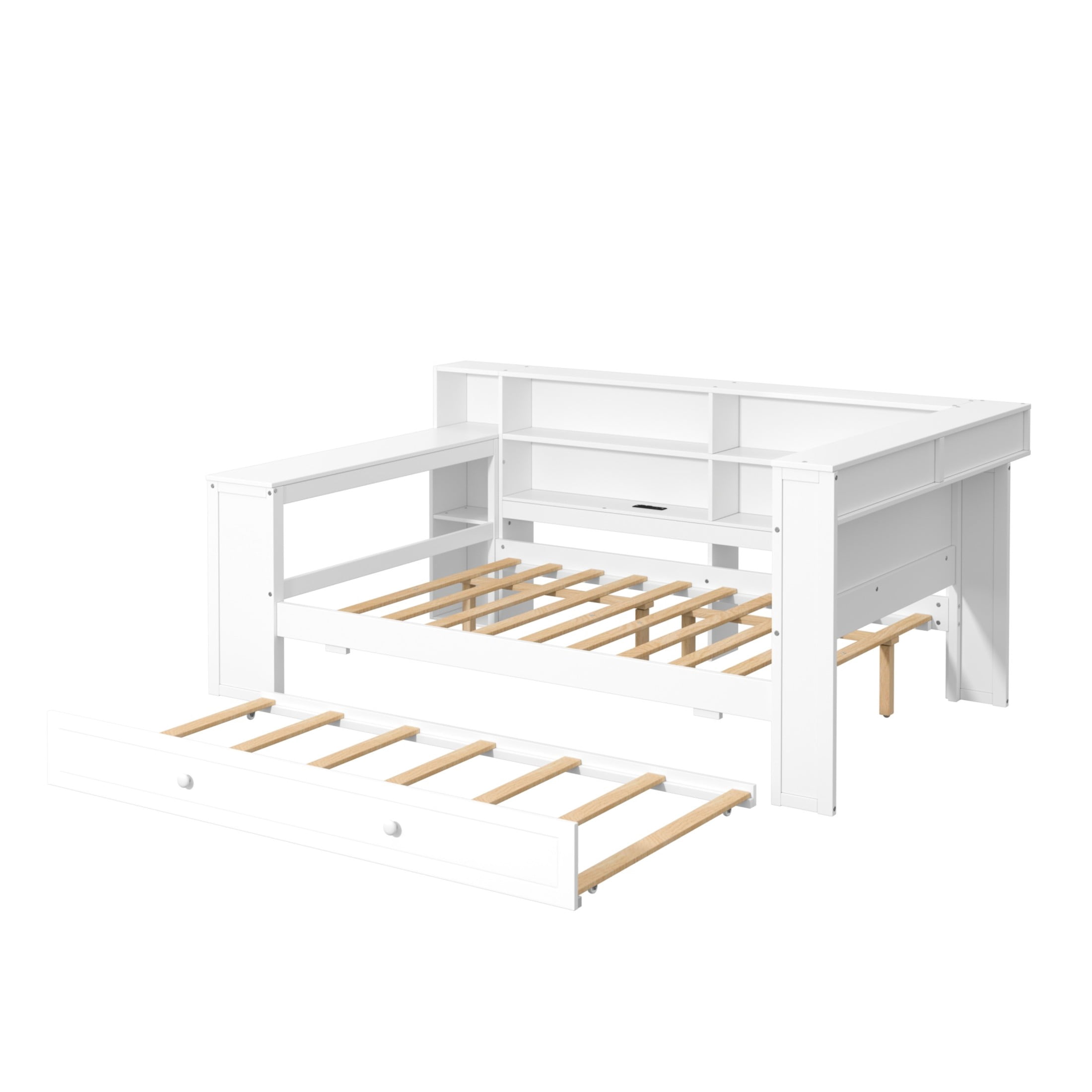 Noble House Full Platform Bed with Storage Shelves and Trundle, LED Desk and Integrated USB, Upholstered Headboard, White