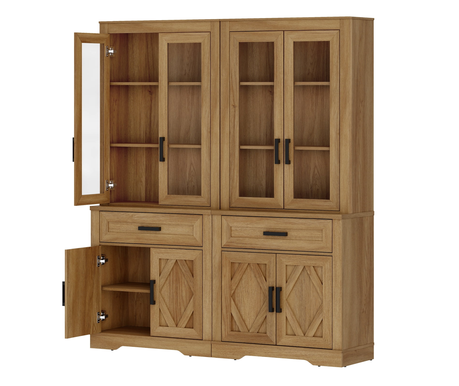 WAMPAT 5 Tier Bookcase with Barn Door,73.3" Tall Open Storage Bookshelf,Floor Standing Farmhouse Display Organizer with Drawer for Home Office,Living Room,Walnut