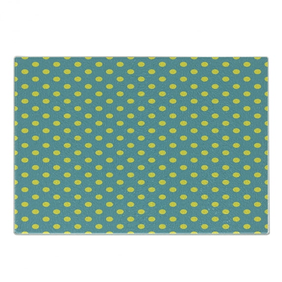 Yellow and Blue Cutting Board, Big Vintage Polka Dots Pattern Nostalgic Spotted Pastel Design, Decorative Tempered Glass Cutting and Serving Board, Small Size, Teal Yellow, by Ambesonne
