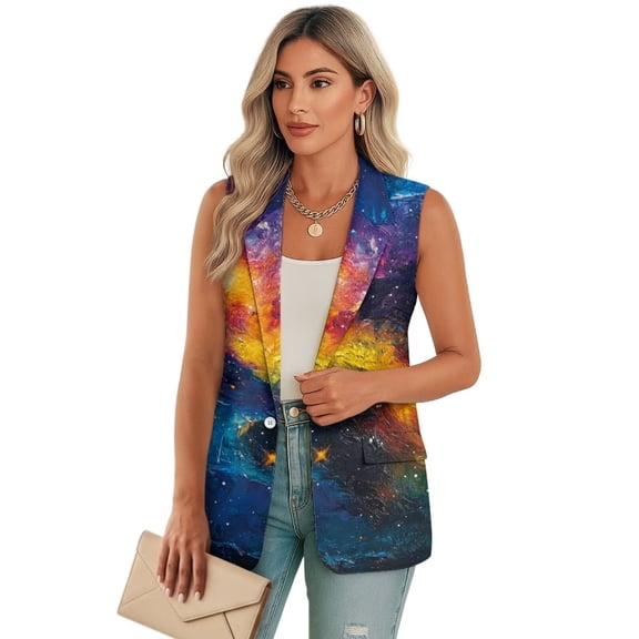 Psesaysky Colorful Galaxy Print Vest Tops for Women V Neck Sleeveless Button Down Blazer Jacket Trendy Waistcoat Top Ladies Business Casual Outfits, Size 2XL