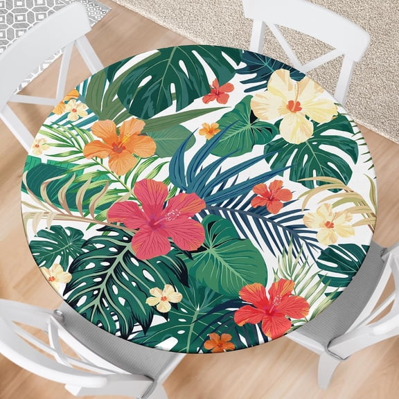 Round Fitted Tablecloth with Elastic Tropical Palm Leaves Outdoor Tablecloth Round Table Cover Waterproof Tablecloth for Kitchen Party Picnic Fits 36-44" Diameter Round Tables