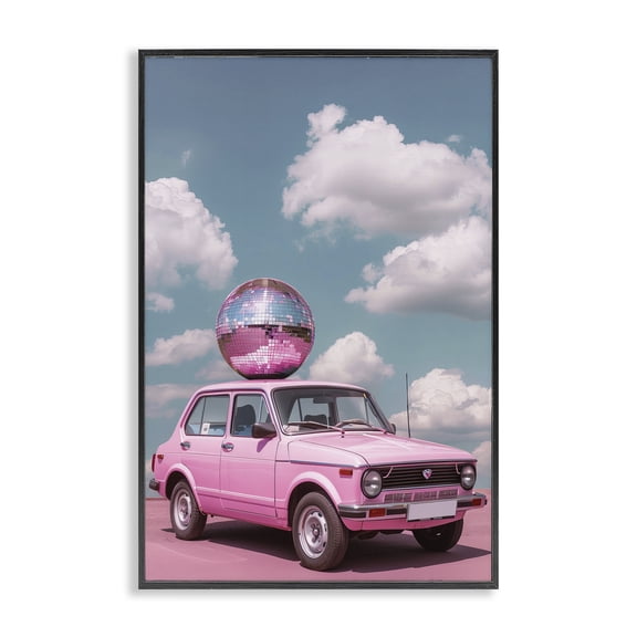 Stupell Industries Art Deco Disco Ball Car & Clouds Black Framed Giclee Art, 12 x 18, by LSR Design Studio