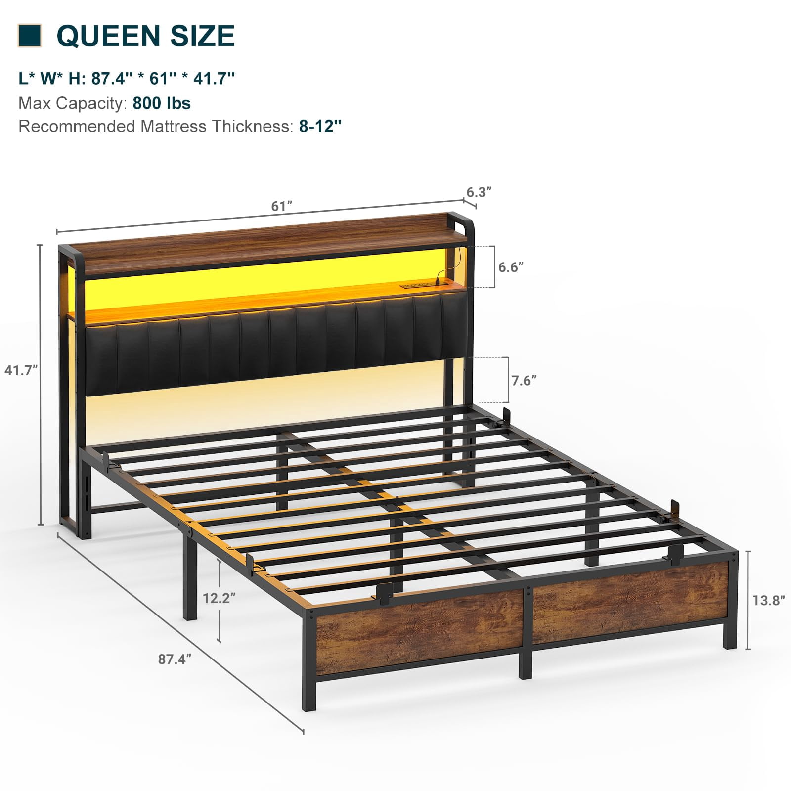 Homieasy Queen Size Bed Frame with Charging Station and LED Lights, Adjustable Upholstered Faux Leather Headboard, Industrial Platform Bed, Steel Slat Support, No Box Spring Needed, Rustic Brown