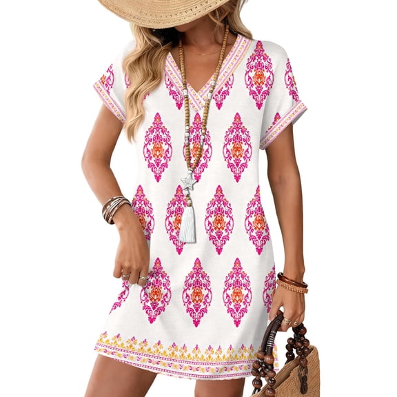 Women's Floral Print V-Neck Short Sleeve Casual Dress with Pocket, Pullover Summer Dress, Lightweight Comfort Fit, Fashionable Women's Clothing,White,2XL