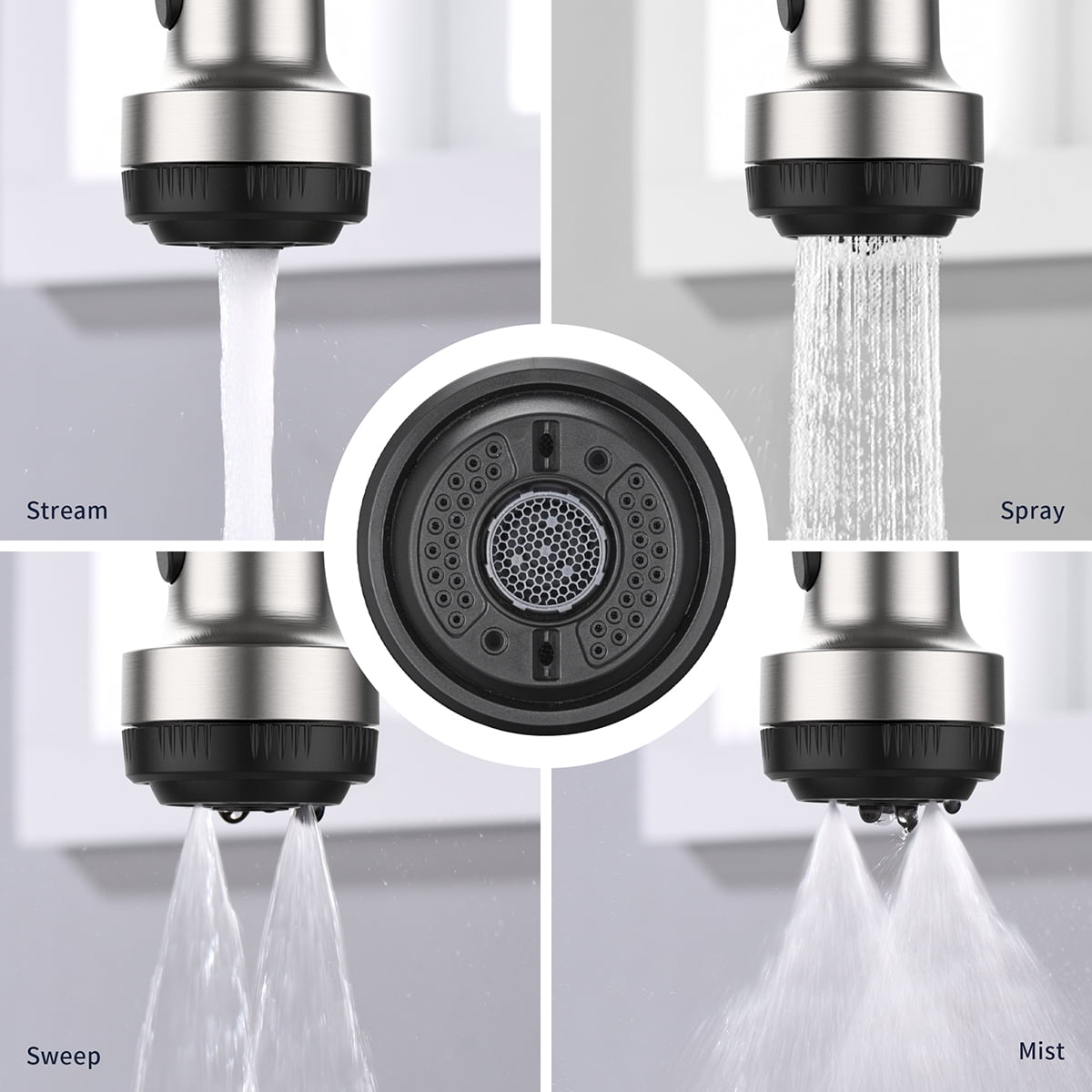 Izzovium Commercial Kitchen Faucet with Pull Down Sprayer, 4 Spraying Modes, Single Handle, Brushed Nickel Finish, Fits 1 or 3 Hole Sink, 1.8 GPM Flow Rate