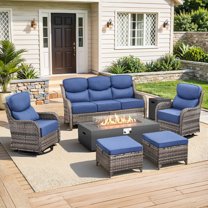 PARKWELL Patio High-Back Furniture Set with Fire Pit Table, Outdoor Luxury Oversized Sectional Swivel Rocker Chairs Sets, Wicker 7-Seat Conversation Set for Porch, Balcony, Deck, Gray/Navy