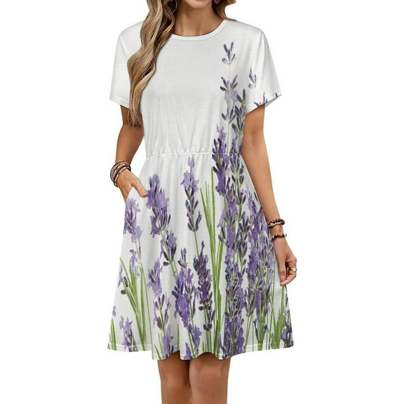 Lavender Flowers on White Background Short Sleeve Dress Women Summer Evening Dresses Ladies Sundress