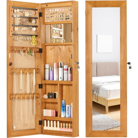 Solid Wood Jewelry Armoire Organizer Cabinet with Full-Length Mirror, 47x14in Wall-Mounted Lockable with LED Light