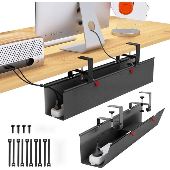 No-Drill Under Desk Cable Management Tray – 28" Fabric Cord Organizer for Office or Home, Clamp or Screw Mount, Hides Power Strips & Adapters