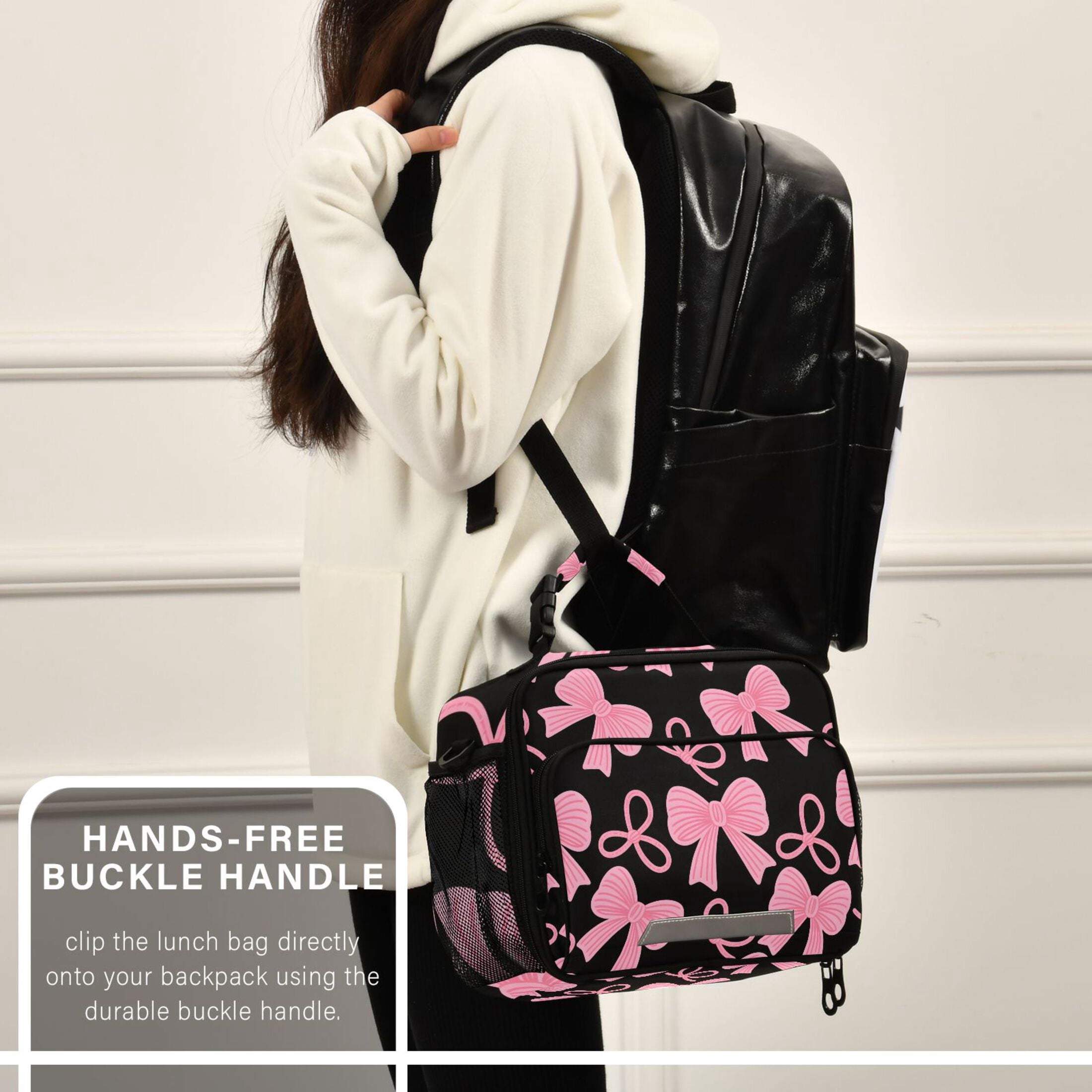 ALAZA Pink Bows Lunch Box Insulated Cooler Bag Reusable Tote Bags Shoulder Strap