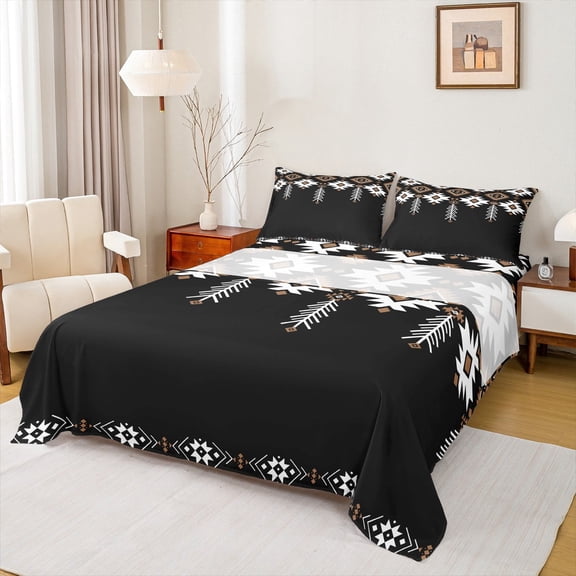 Manfei Hippie Aztec Adult Twin Sheet Sets, Chic Tribal Mandala Style Twin Fitted Sheet, Black Brown Abstract Flat Sheet, Breathable Home Decor, 3pcs