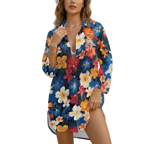 Xoenoiee Tropical Plumeria Palm Leaves Print Swimsuit Cover Up for Women 2026 Button Down Shirt V Neck Long Sleeve Beach Cover Ups Vacation Outfit with Pockets, S