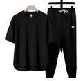 thumbnail image 2 of Outfits 2026 Two Piece Lounge Set Short Sleeve Loose Pants Set Summer Loose Breathable Casual Daily Round Collar Suit Black S, 2 of 5