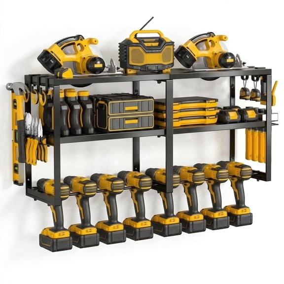 Birodeko Power Tool Organizer Wall Mount, 3-Layer Heavy Duty Garage Storage Rack with 8 Drill Holder Slots & Side Hooks (Black)