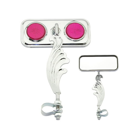 Chrome Rectangle Wing Bike Mirror Left with Purple Reflectors. Bike mirror, bicycle mirror, bike accessory, bicycle accessory.