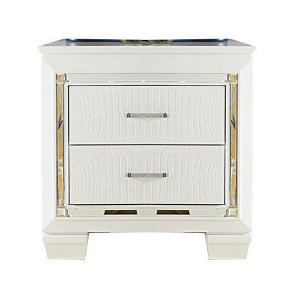 Contemporary Wooden Nightstand with 2 drawers and LED Lighting, White- Saltoro Sherpi