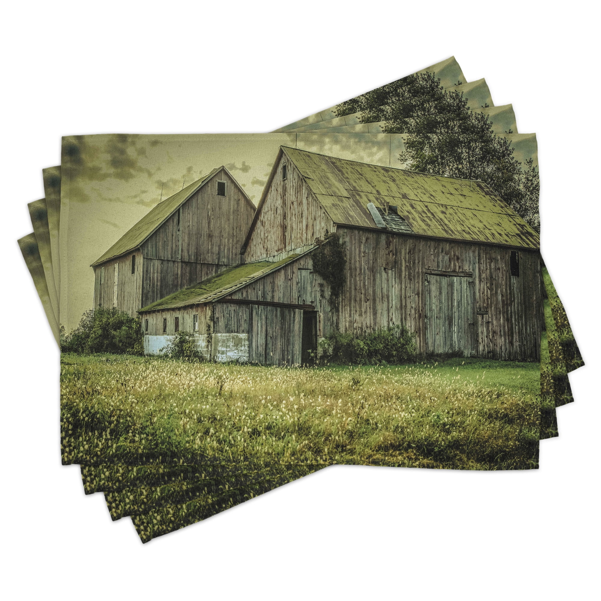 Country Place Mats Set of 4, Farmer Field Barn Warehouse Midwest