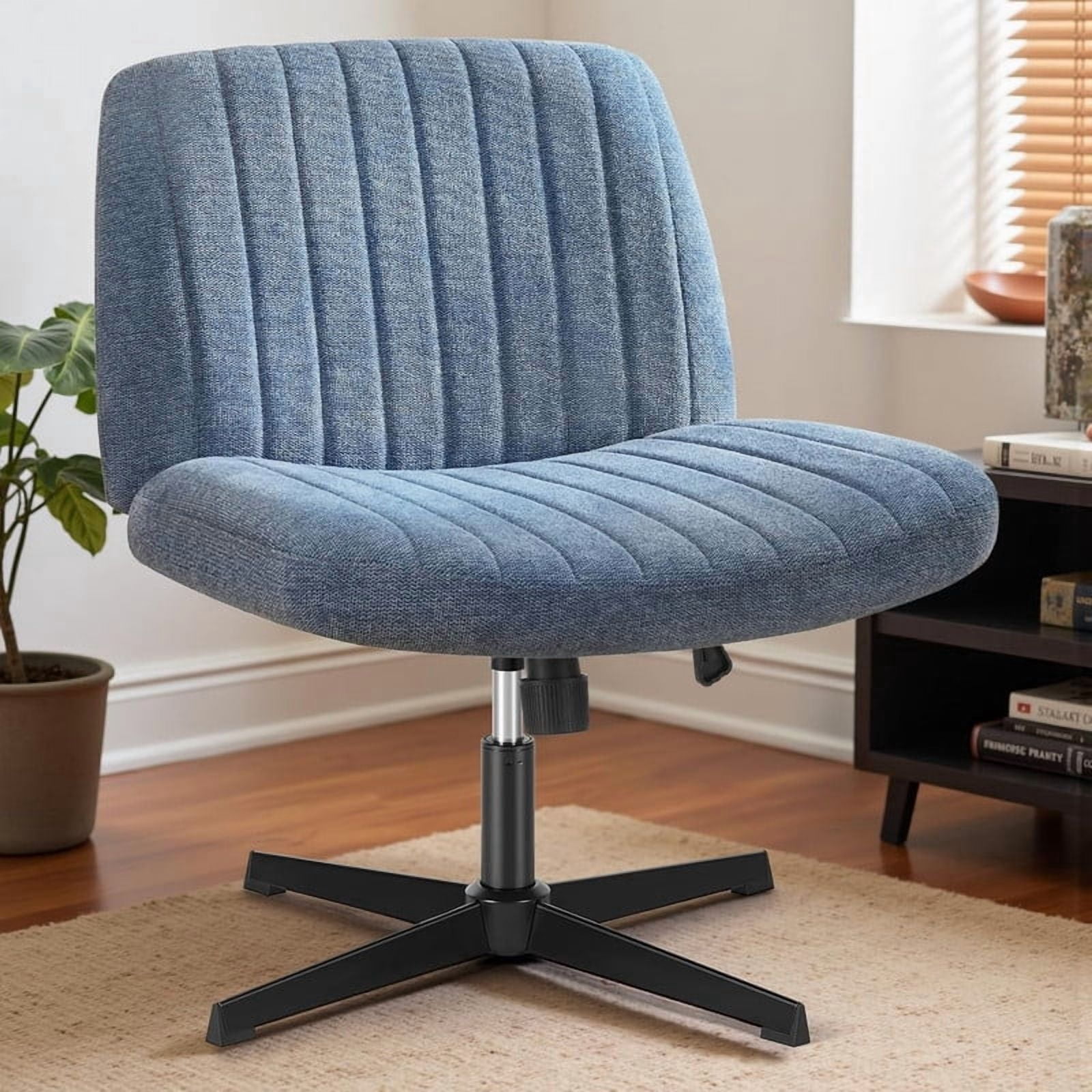 Kelno Linen Cross Legged Desk Chair Wide Seat Chair Ergonomic Height Adjustable Swivel Office Vanity Chair, Blue
