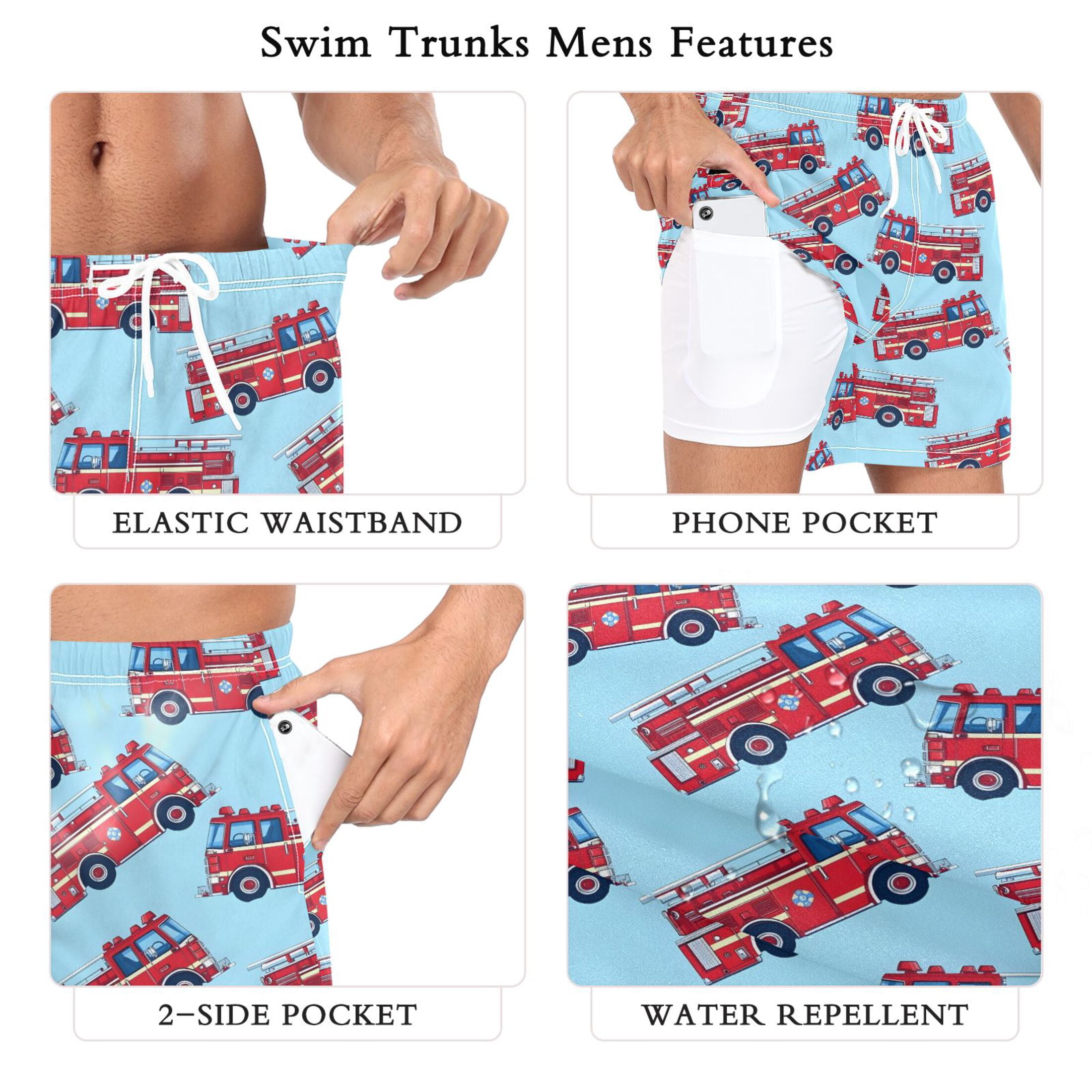 joogoo Men's Cartoon Fire Trucks Swim Trunks with Liner Pocket Beach Shorts XXL