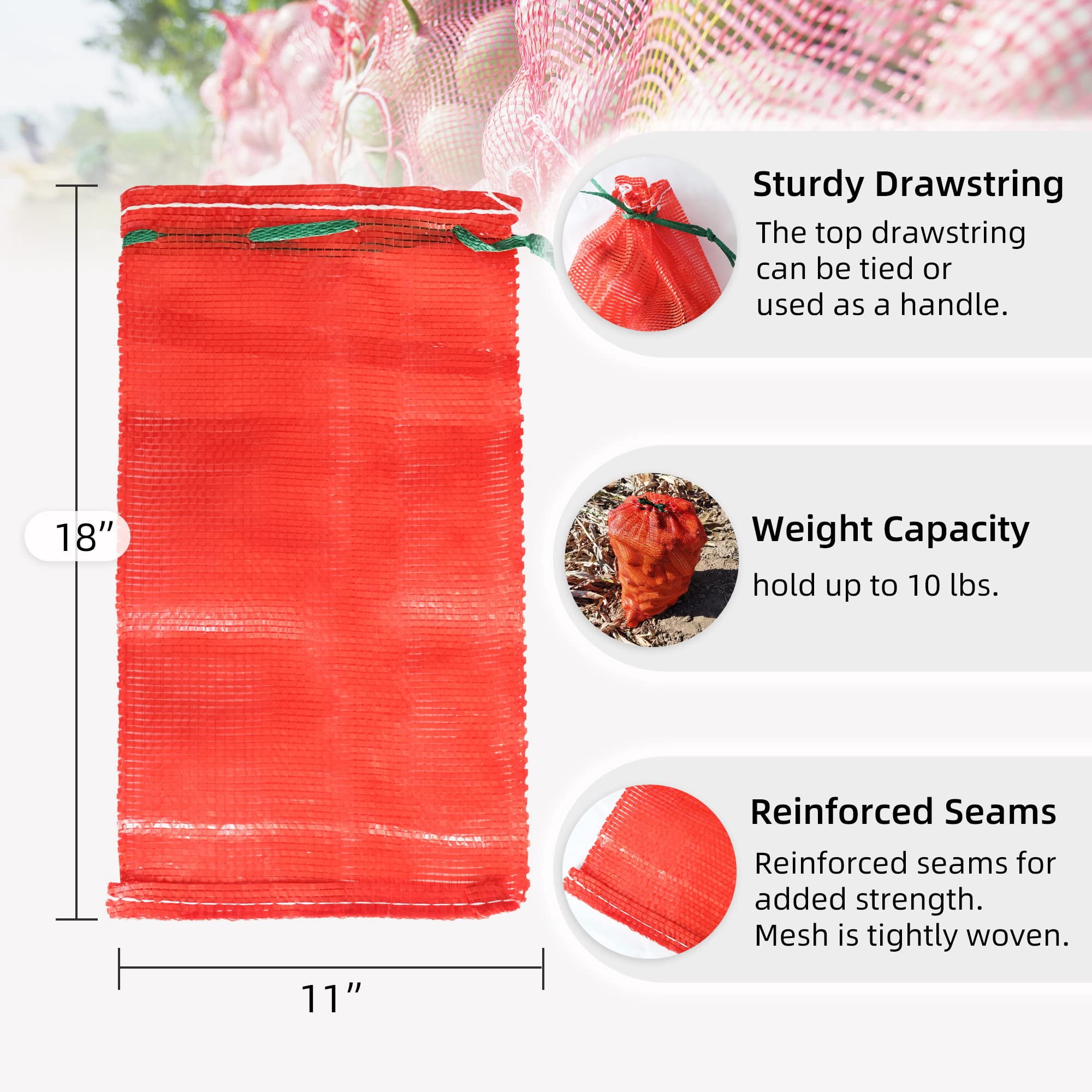 MODANU 50 Pcs 10 lb Mesh Onion Bags, 10"×18" Mesh Produce Bags Hanging Reusable Breathable Vegetable Storage Net Bags with Drawstring for Onions Potatoes Citrus Crawfish, Red