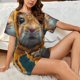 thumbnail image 4 of Fotbe Modern Yellow Sweater Guinea Pig Conjunto de Pijama Estampado para Mujer, 2 Piezas, Ropa de Dormir con Camiseta de Manga Corta y Shorts Suaves-4X-Large, 4 of 6