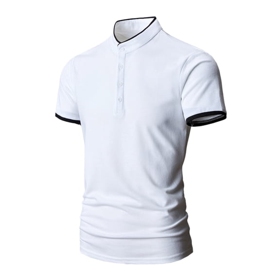 Bibifish Mens Polo Shirts No Print Short Sleeve Mandarin Collar Solid Black Shirts Summer Daily Wear Tops
