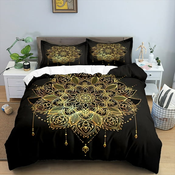 Mandala Duvet Cover Set Bohemian Style Yoga Eye Mandala Flower Dark Gold for Kid Boys Girl Polyester Bedding Set King Size