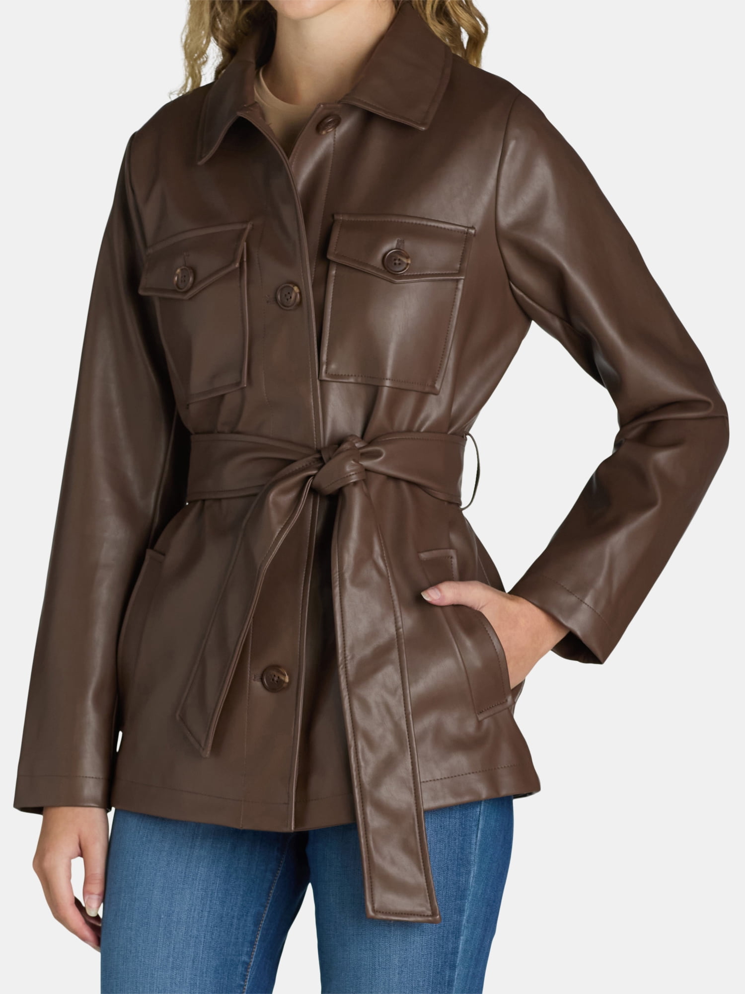 Time and Tru Women's and Women's Plus Faux Leather Cropped Belted Trench, Sizes XS-3X