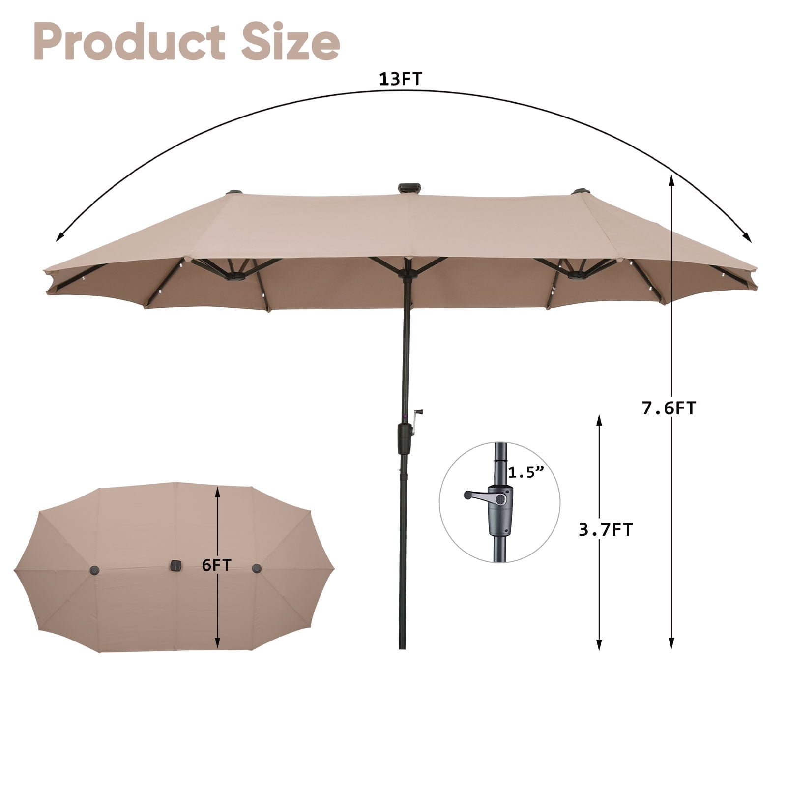 Ainfox 13ft Large Patio Umbrella with Solar Lights, Outdoor Double-Sided Rectangle Market Heavy Duty Umbrellas without Base,Khaki