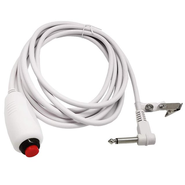 Nurse Call Cable 6.35mm Line Nurse Call Device Emergency Call Cable with Push Button Switch. Features a 3-meter white PVC cable with a waterproof design and a carved handle. Includes a red push button switch, a standard 6.35mm mono plug, and a clip for attaching to bed or clothing. Compatible with most commercial nurse call systems.