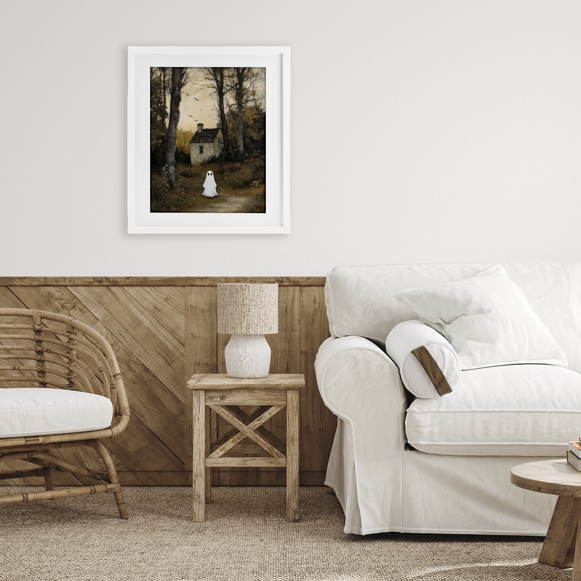 Little Ghost in Cottage Forest White Framed Print Under Glass, design by Arlington Prints