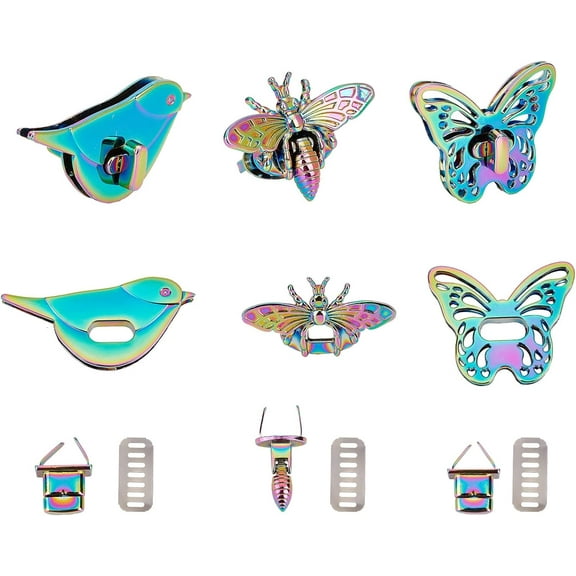 3 Sets Purse Twist Lock Clasp Rainbow Turn Lock Clip Hardware Purse Clutch Closure Metal Handbag Twist Lock Fastener Butterfly/Bee/Bird Shape DIY Craft Wallet Briefcase Making Accessory DIY