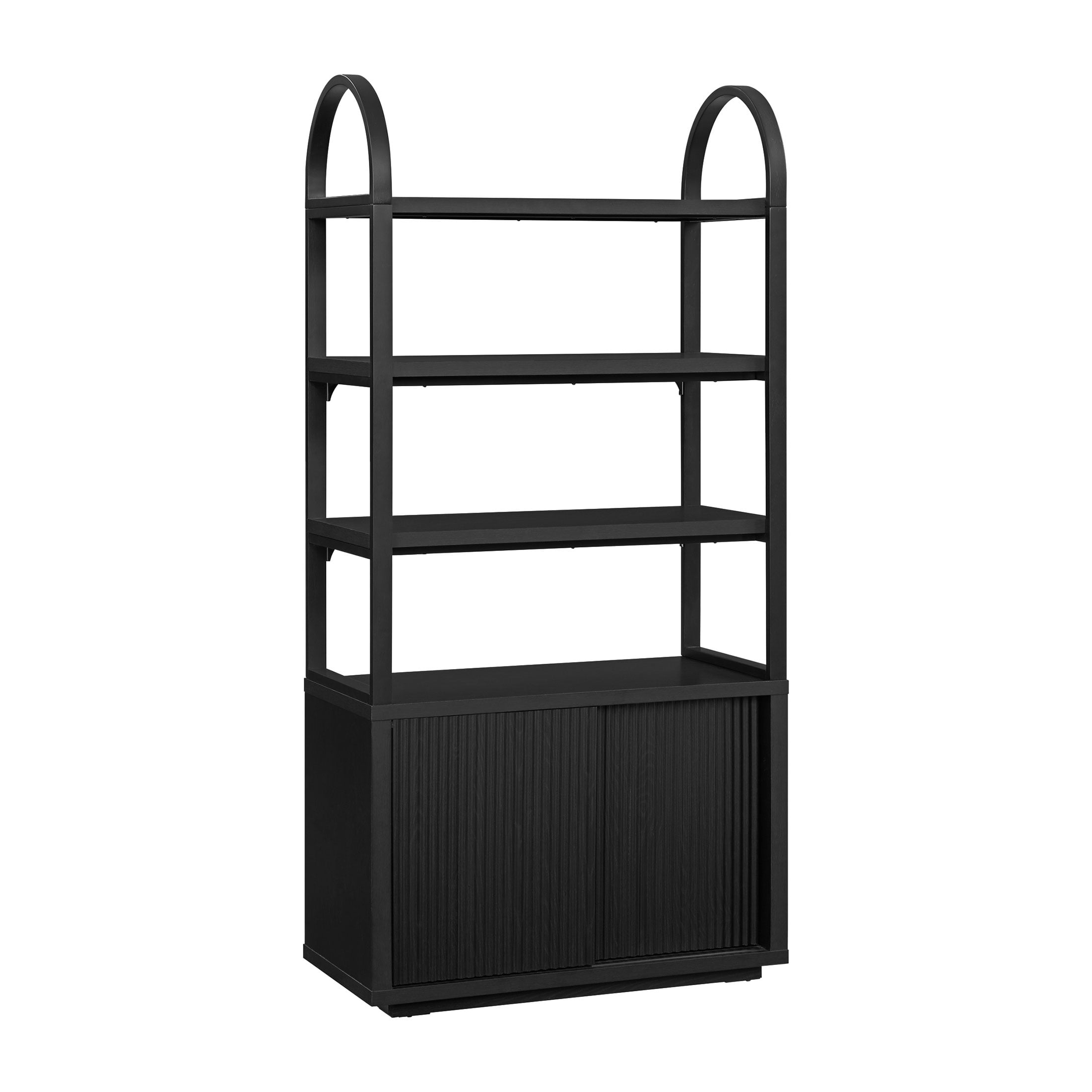 Beautiful Fluted 3-Shelf Bookcase with Storage Cabinet by Drew Barrymore, Rich Black Finish