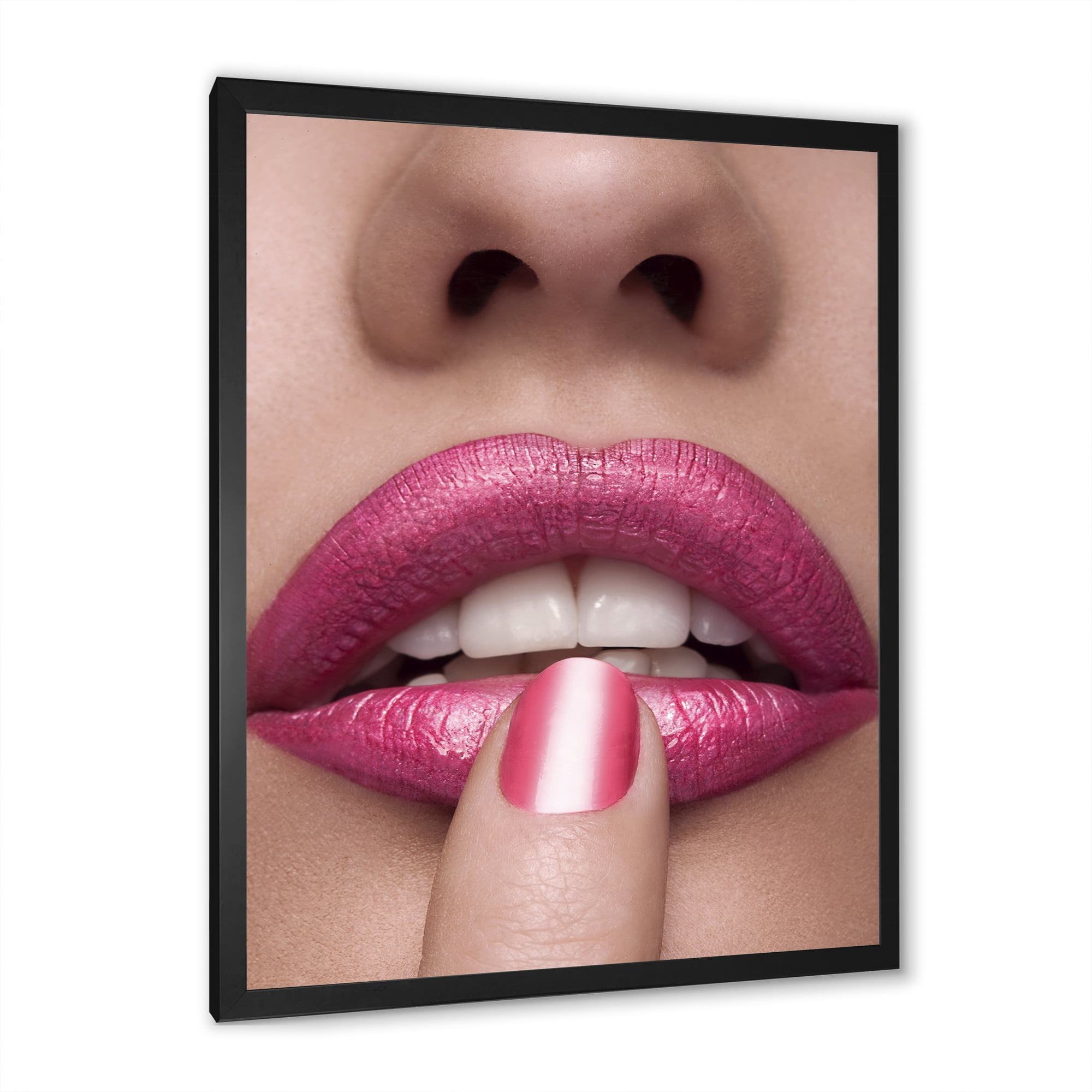 Designart 'Pink Female Lips With Finger On Mouth' Modern Framed Art Print