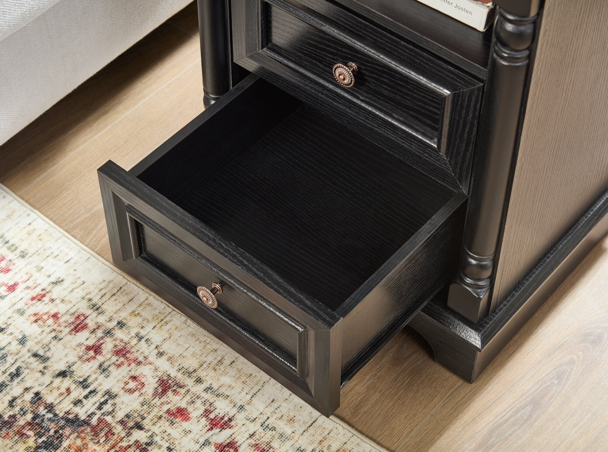 AENKYO Farmhouse 2-Drawer Nightstand with Charging Station, Rustic Wooden End Table for Bedroom & Living Room, Black