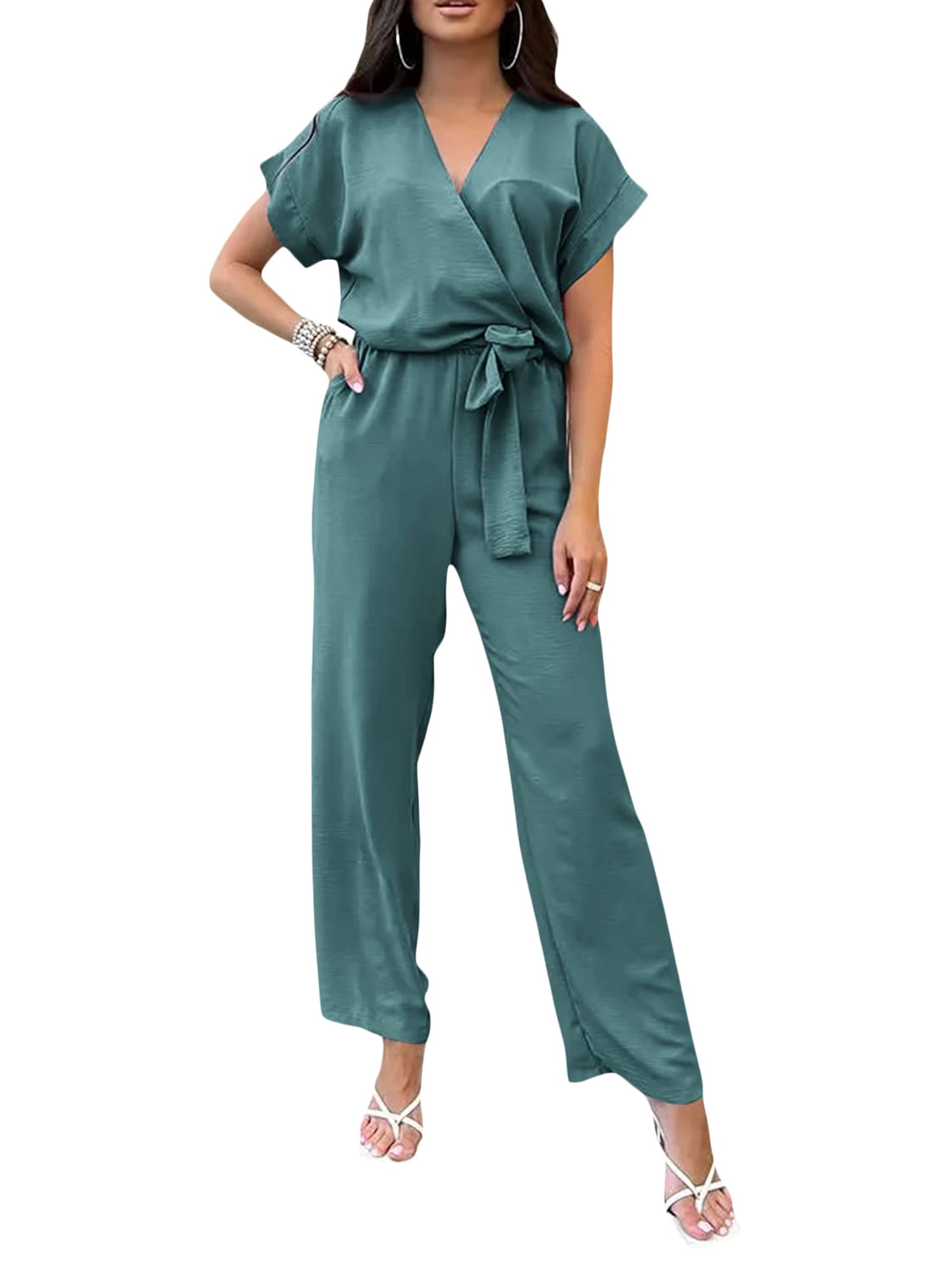 v neck short sleeve tied detail jumpsuit