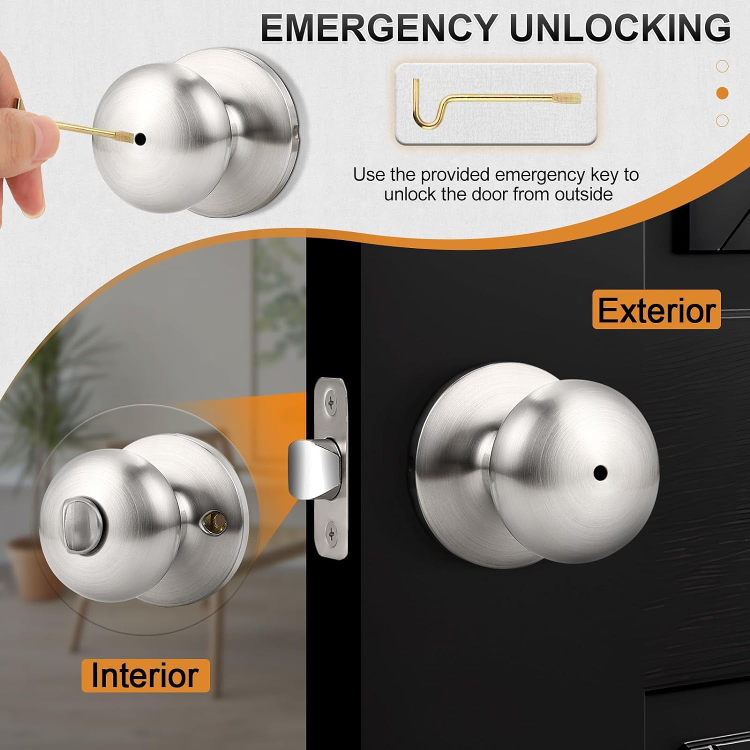 Keyless Privacy Door Knobs Interior Brushed Nickel Finish, 2 Pack Bedroom Bathroom Doorknob with Universible Handle, Solid Adjustable 60-70mm Latch