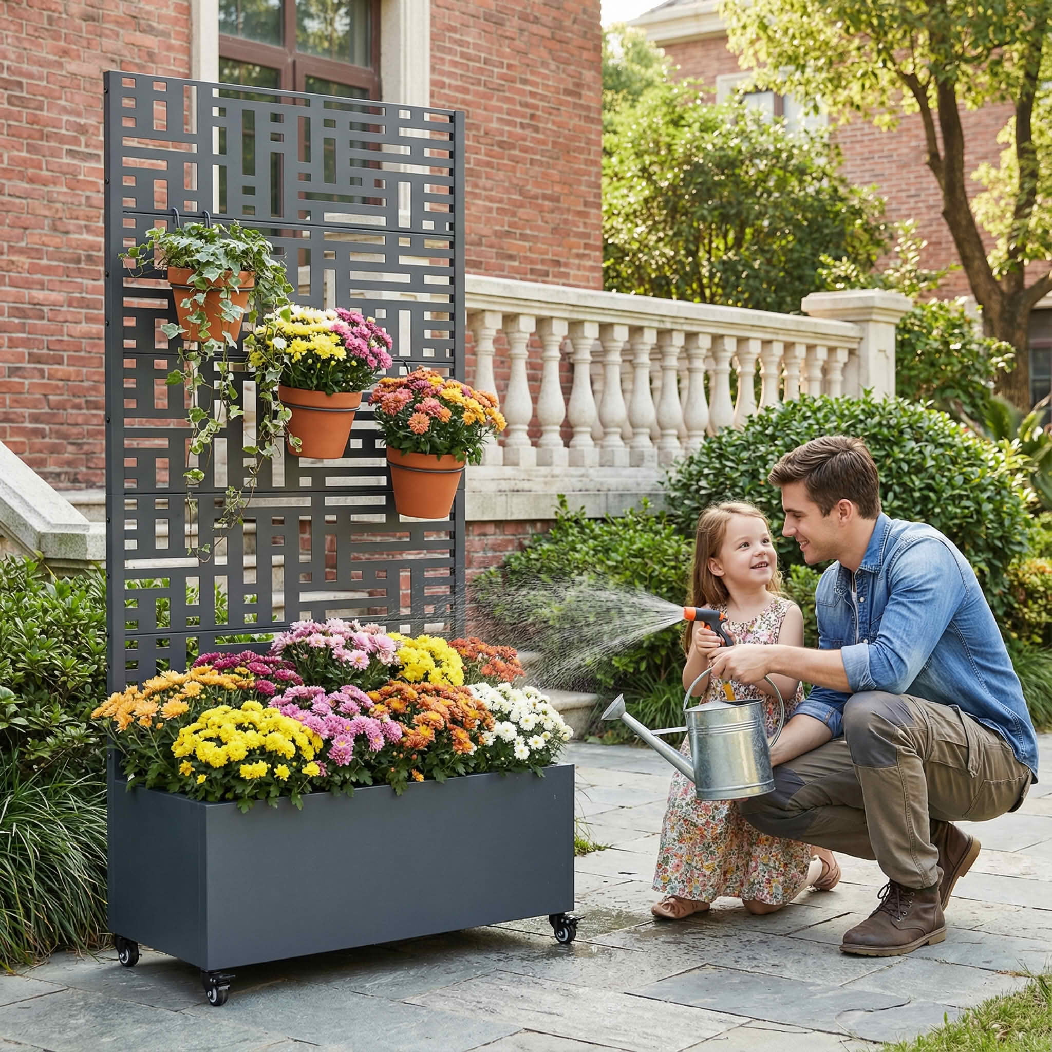 MAYEERTY 72X35" Metal Outdoor Cambrian Gray Privacy Screen with Planter Box for Backyard & Garden, 5 Piece Set