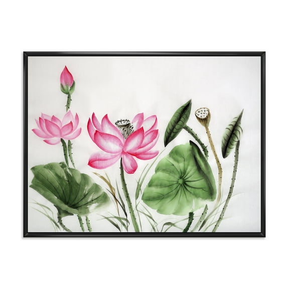 Ancient Pink Lotuses In The Pond II 20 in x 12 in Framed Painting Canvas Art Print, by Designart