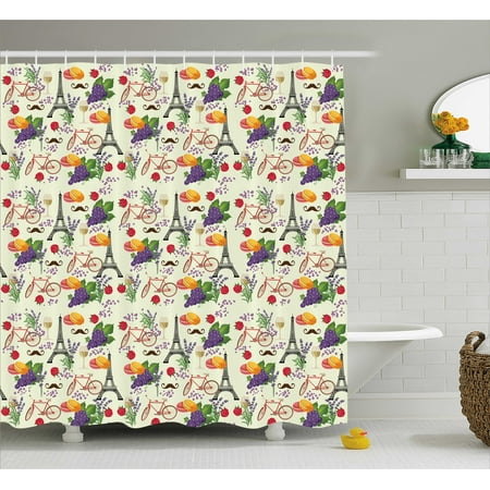 European Shower Curtain, French Themed Paris Must Have Macarons Wines Grapes Bikes Berries Eiffel Art Print, Fabric Bathroom Set with Hooks, 69W X 84L Inches Extra Long, Multicolor, by (Best Macaron Shop In Paris)