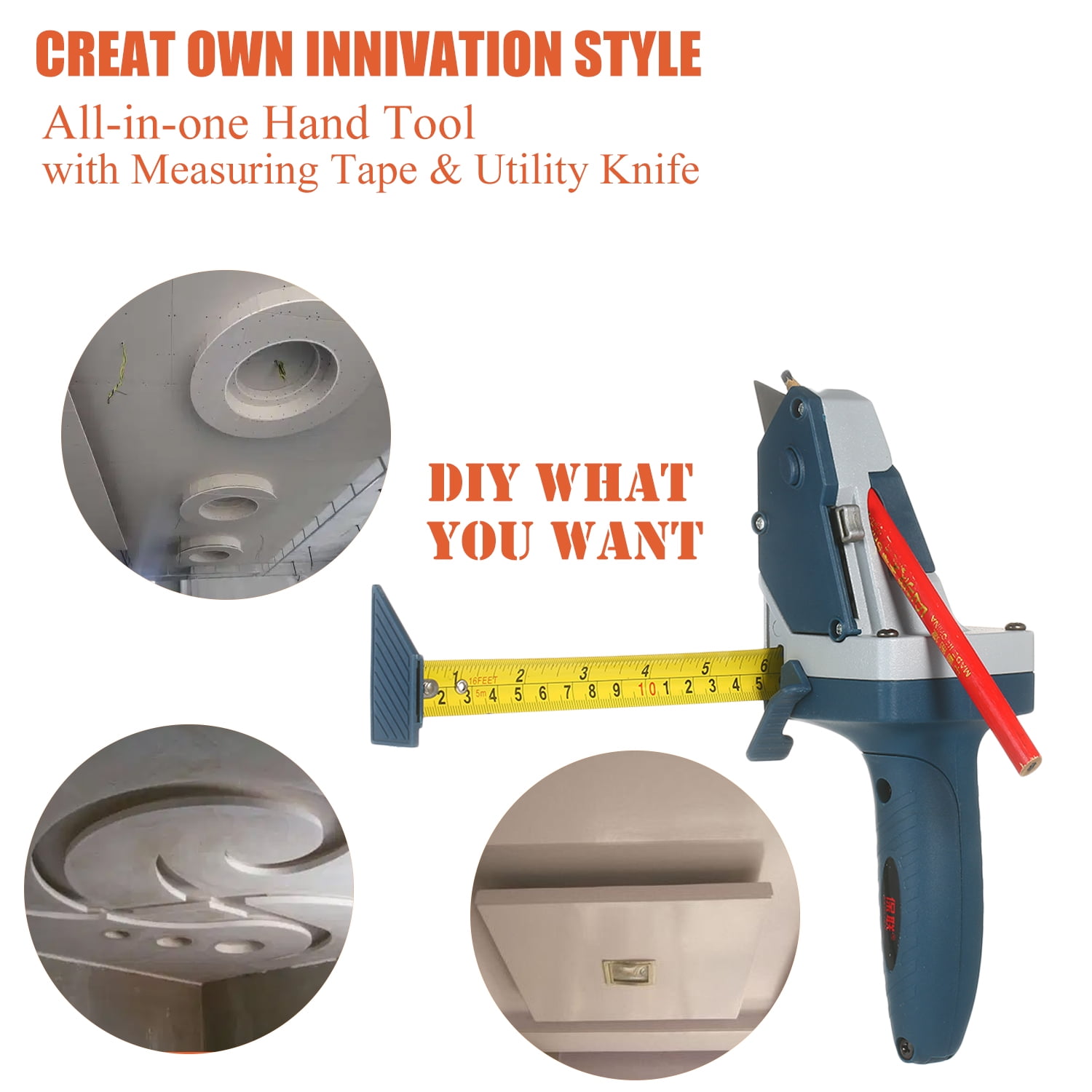 Ideal for Shingles/Insulation/Tile/Carpet/Foam Beher All-in-one Hand Tool with Measuring Tape and Utility Knife Mark and Cut Drywall Measure and Mark Wood for Rip Cuts Measure 