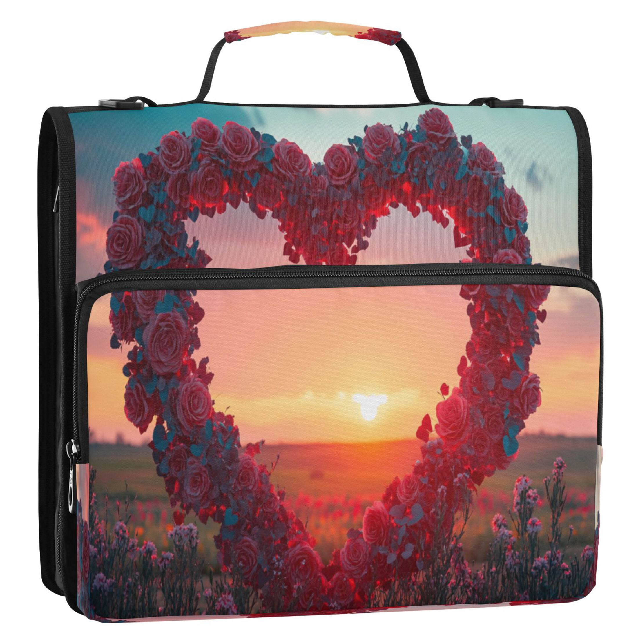 YAZAOO Zipper Binder trapper keeper Documents Organized Design Heart Shaped Floral Wreath Sunset Printed