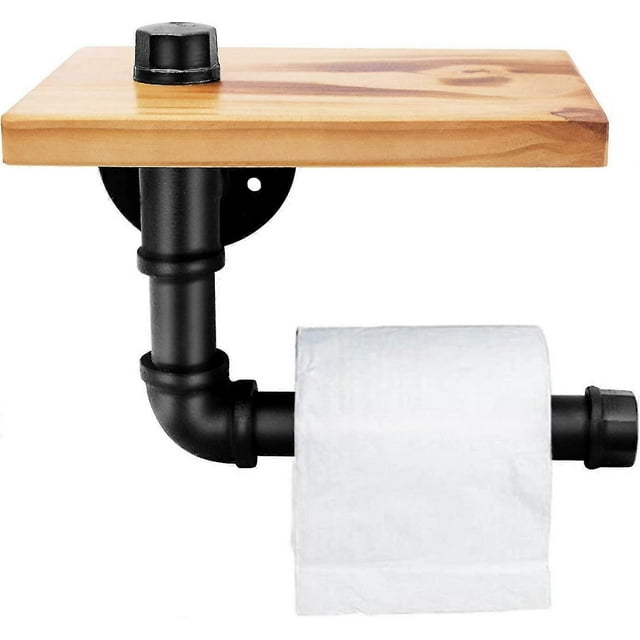 Industrial Wooden Shelves Iron Pipe Racks - Wrought Iron Wall Mounted Rack For Bathroom - Retro Style Toilet Paper Holder