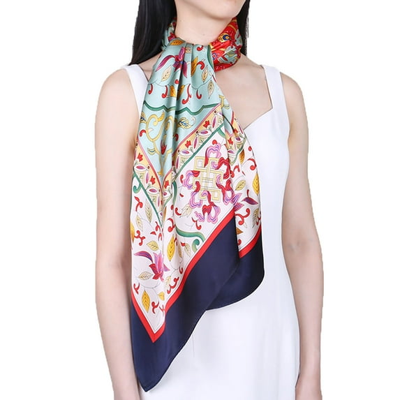 Grace Scarves 100% Silk Scarf, Extra-Large, Botanical Flourish, Cyan/Dark Blue