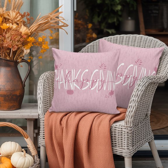 Outdoor Pillow Covers,Thanksgiving Words on Pink Background Decorative Throw Pillow Cover Waterproof Pillowcase Set of 2,Linen Cushion Case for Sofa Couch Bed 16x16 Inch,Maple Leaves