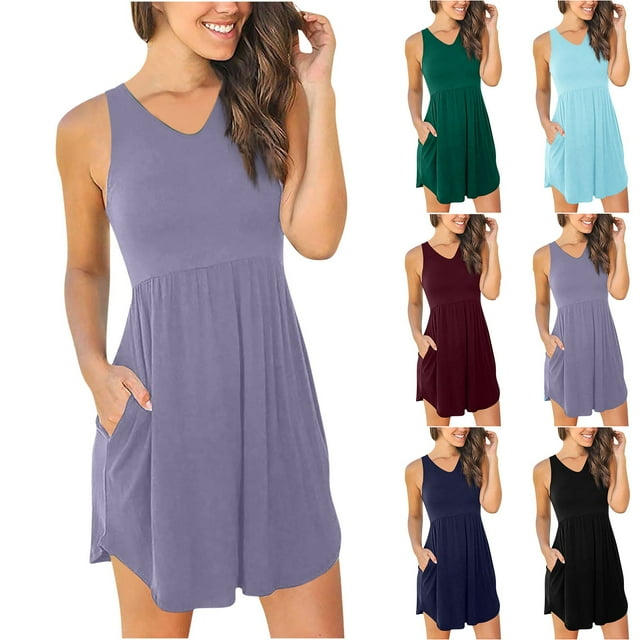 Gspmoly Robes pour Femmes, Robe Sans Manches pour Femmes à Couleur Unie avec Ceinture, Grand Ourlet, Col en V, Poche, Style Court, Robes de Cocktail pour Femmes jusqu'à 65 % de Rabais
