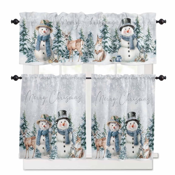 Merry Christmas Curtain Valances Set Snowman Snowflakes Kitchen Curtains 36 inch Length Rod Pocket Valance and Tiers 3 Piece Set Small Bedroom Bathroom Laundry Decor