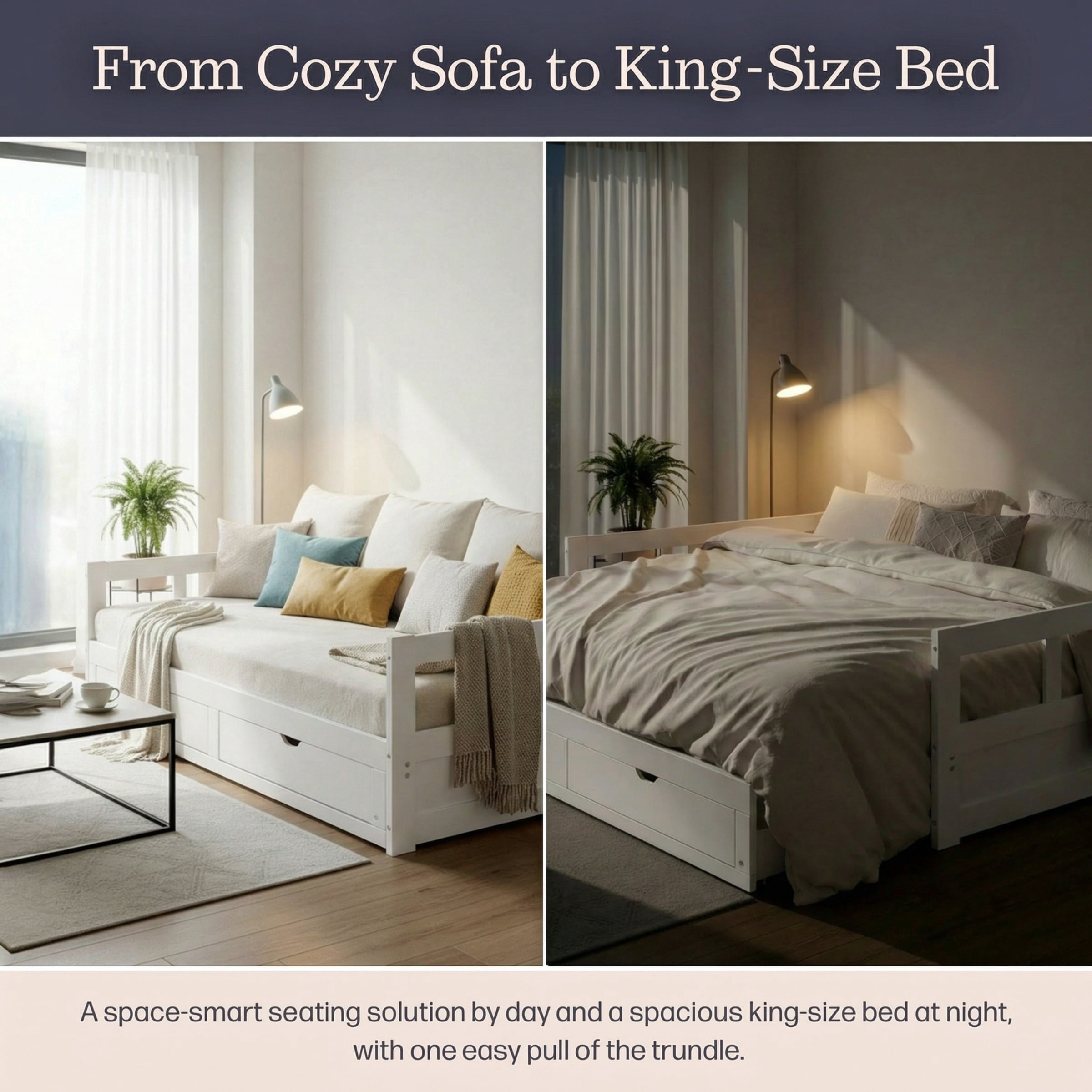 Alaterre Melody White Twin to King Daybed with Trundle and Storage Drawers