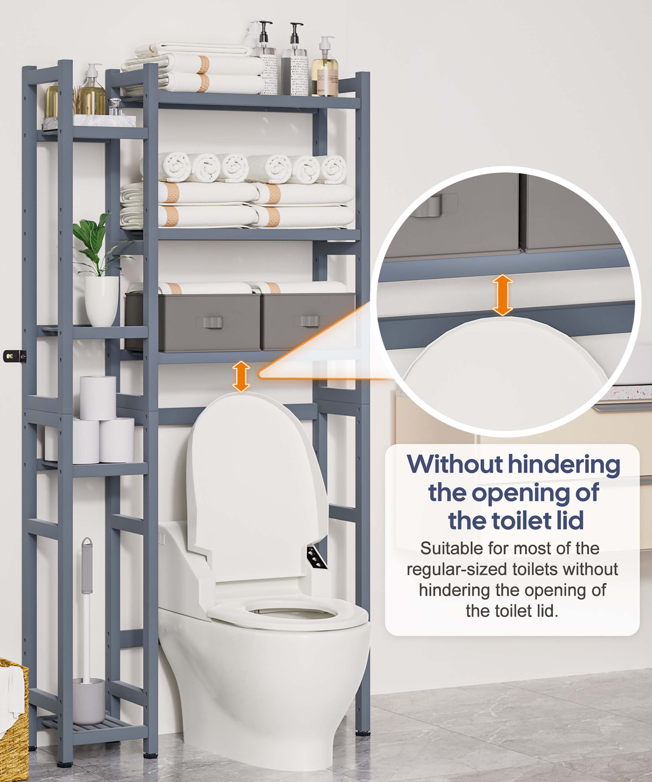 Enogets Over the Toilet Storage, Bamboo Bathroom Organizer with Adjustable Rack, Basket, Drawer & Waterproof feet